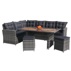 Zestaw Mebli ogrodowych 4w1 Techorattan Szary + Narożnik + Stół + 2 Pufy + 15 Poduszek